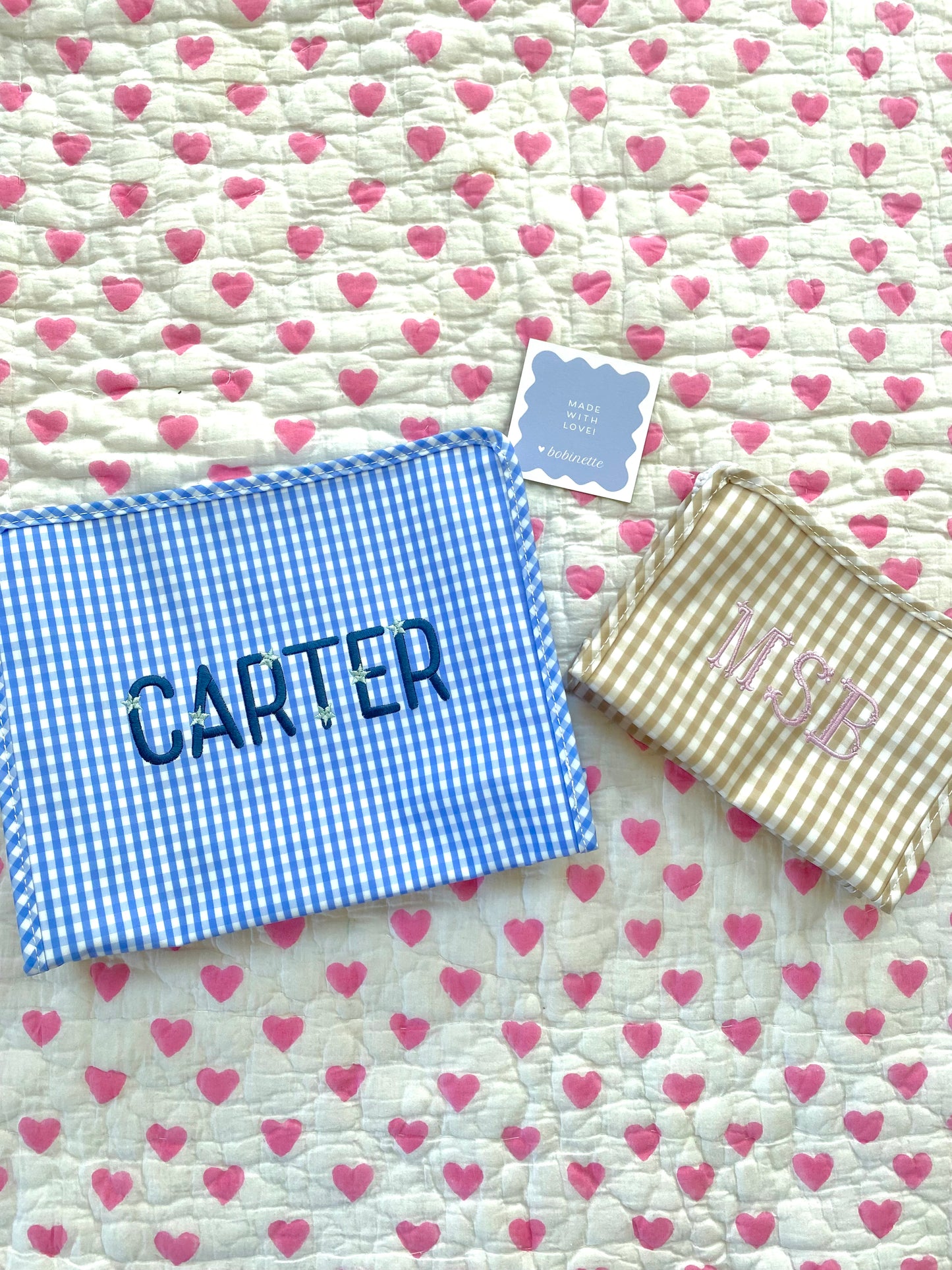 Sky Gingham in Large, Khaki Gingham in Small